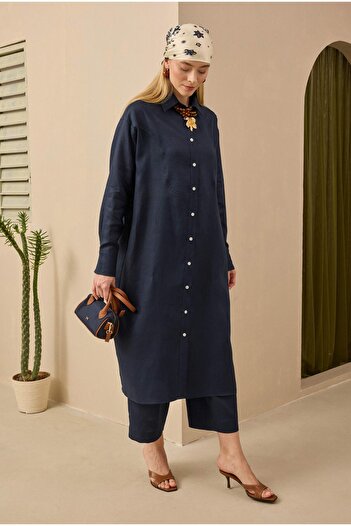 HEQA Ακατέργαστο λινό μακρύ πουκάμισο Midnight Blue