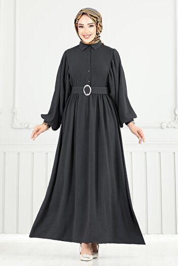 ModaMerve Half Button Aerobin Dress 3071Hbs932-M Smoked