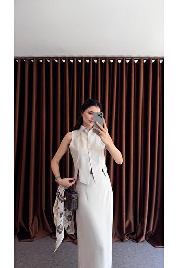 HAZELANNA Pointed Collar Ecru Vest-Skirt Suit