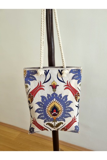 Milenam Ottoman Tulip Motif Patterned Authentic Shoulder Bag Zippered Beach Bag
