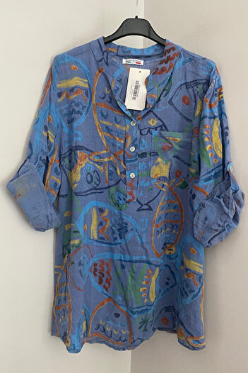 AYASOFYA OTANTIK Women's Italian Indigo Blue Color Fish Pattern Button Detail Folded Orphan Sleeve 100% Cotton Blouse