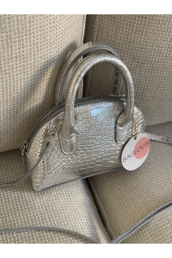 BAGLOVİS Croco Leather Small Hand and Cross Silver Women's Shoulder Bag En18 Boy12