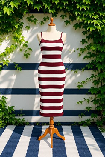 OTAKU Women's Striped Thin Strap Knee Length Summer Lycra Knitwear Pencil Dress
