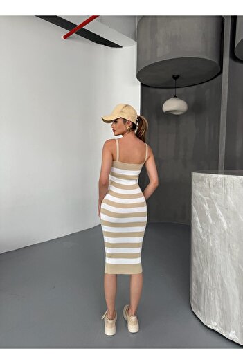 OTAKU Women's Striped Thin Strap Knee Length Summer Lycra Knitwear Pencil Dress