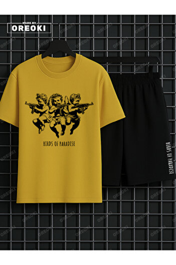 EFFRENATU Copy - Children of Heaven Printed Cotton Unisex Yellow T-Shirt-Black Shorts Set