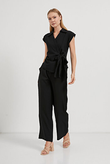 Arma Life Women's Sleeveless Blouse Elastic Pants Black Double Bottom Top Set