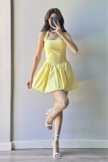 Eka Women's Yellow Tie Back Gipeli Balloon Dress 1026-221709
