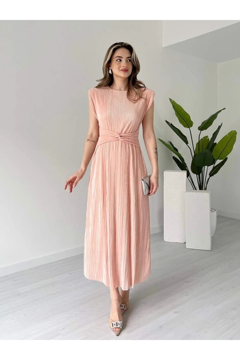 Lusin Women's Powder Stylish Waist Detailed Padded Lined Summer Dress