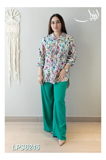 LINELLE Co-ord Set - Green Pant and Abstract Printed Shirt in Satin Blend.