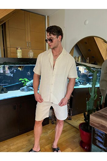 Pubblica Men's Beige Muslin Fabric Top-Top Set