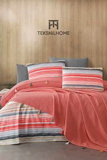 TeksNil Home 100% Cotton Valeria Tassel Double Tassel Tile Pique Set (Bed Sheet, Pique, Pillow Cover)
