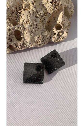 MISS GOLDEN Serrated Black Colored Mega Size Square Shape Epoxy Earrings with Gold Accessories Handmade Gift