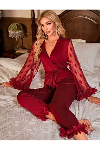 Star Fashion Satin pajamas for the bride or godmother, 2 pieces, robe-type blouse, with drawstring and long pants
