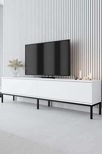Modatte LORA SİYAH METAL AYAKLI BEYAZ TV ÜNİTESİ