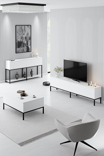 Modatte LORA SİYAH METAL AYAKLI BEYAZ TV ÜNİTESİ