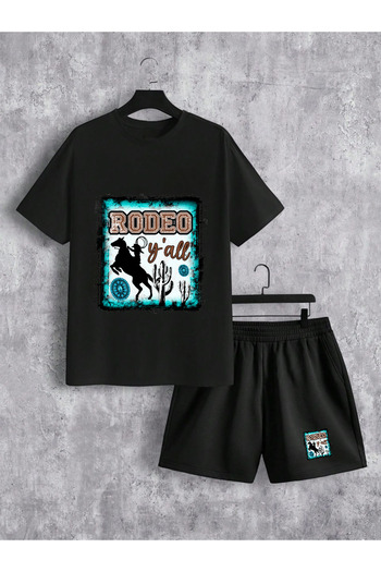 Frisson Unisex Cotton Black Crew Neck Casual T-Shirt / Shorts Set "Rodeo Dad" Printed