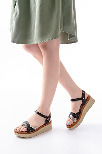 Aymood 730-037 Black Mirror Genuine Leather Orthopedic Sole Women's Sandals