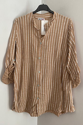 AYASOFYA OTANTIK Women's Italian Cappuccino Judge Collar Striped Foldable Orphan Sleeve 100% Cotton Shirt