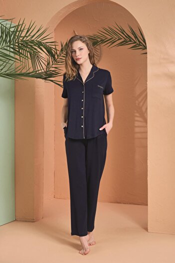 PJS Women's Navy Blue Front Button Pajama Set 27069
