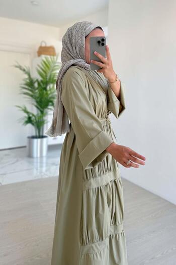 Ka Hijab Bel Bağcıklı Kat Kat Elbise - Yeşil