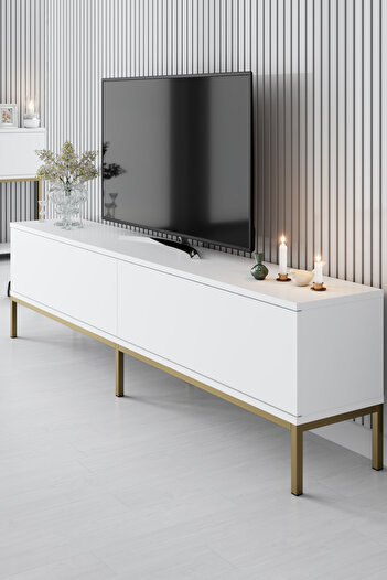 Modatte LORA GOLD METAL AYAKLI BEYAZ TV ÜNİTESİ