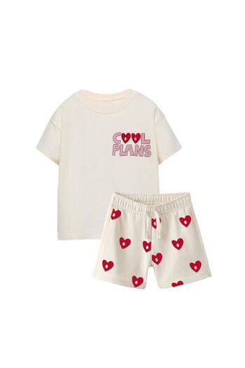 ZRA Vanilla Avenue Cream Cool Plans Heart T-Shirt Shorts Girl's Bottom Top Set