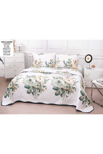 FIONNA.RO Double-Sided Quilted Cotton Blanket - Dark Green with Spring Flowers