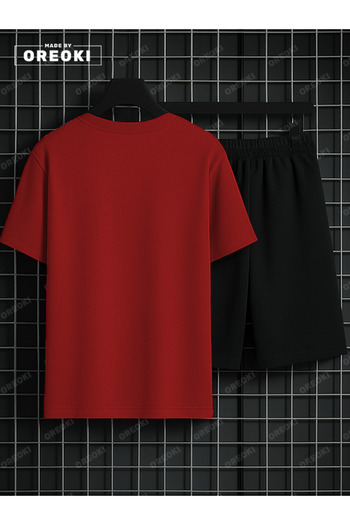 EFFRENATU Aura Printed Cotton Unisex Red T-Shirt-Black Shorts Set
