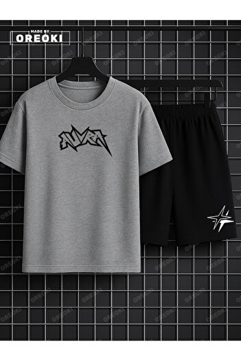 EFFRENATU Aura Printed Cotton Unisex Gray T-Shirt-Black Shorts Set