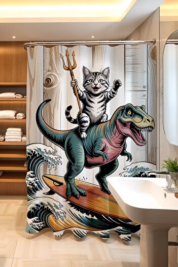 EVPANYA Bathroom Curtain, Dinosaur Cat Pattern Shower Curtain, Bathtub Curtain 175X200Cm
