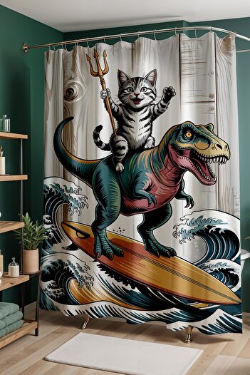 EVPANYA Bathroom Curtain, Dinosaur Cat Pattern Shower Curtain, Bathtub Curtain 175X200Cm