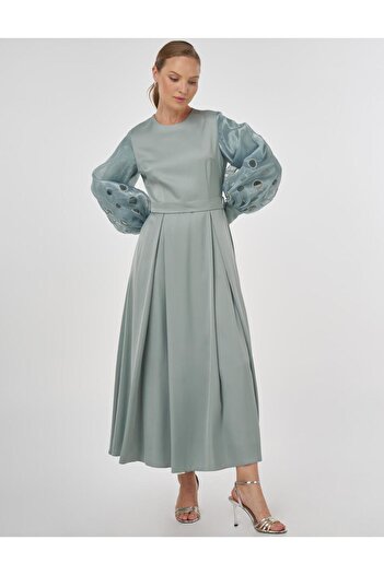 Kayra Satin Dress with Embroidered Sleeves Island Tea