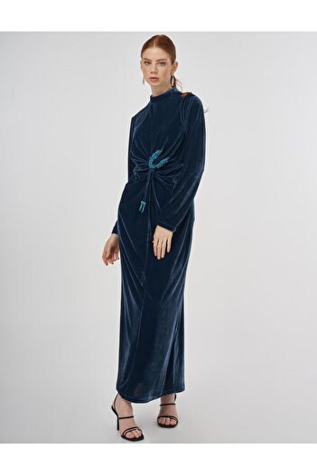 Kayra Velvet Dress with Accessory Detail Petrol