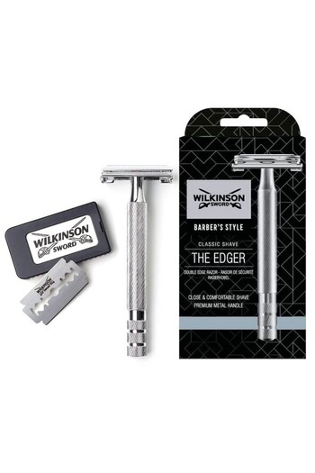 Wilkinson Classic The Edger Double Edge Razor with Stainless Steel + 5 Spare Blades, Grey