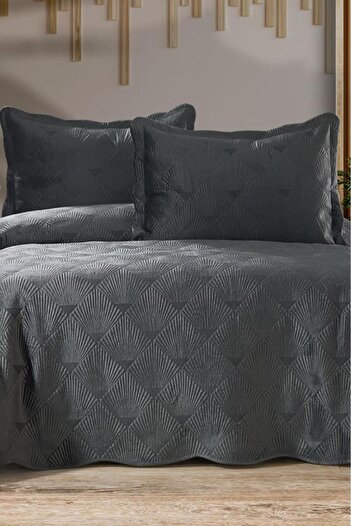 Çeyiz Diyarı Arzen Embroidered Velvet Double Bedspread 250X260 Anthracite