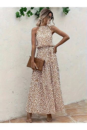 buğrahayalin Women's Round Neck, Elastic Waist, Patterned Single Jersey Dress