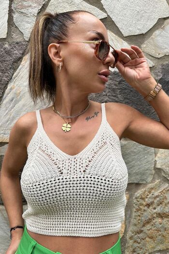 Hney Women's Beige Knitted Crop Top – Strap Summer Bohemian Bustier Blouse