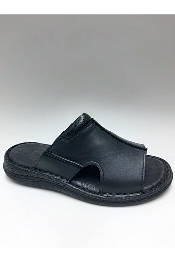 PEKER Genuine Leather Black Daily Open Toe Comfortable Sole Men's Slippers