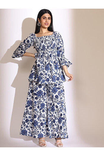 Ishin By Styli Women Floral Print Smocked Top and Pants Co-Ords