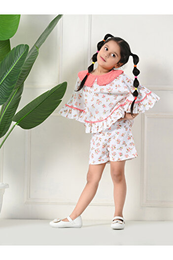 Bella Moda By Styli Printed Ruffled Hem Round Neck Top and Shorts Set