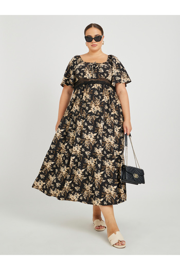 Styli Plus Size Printed Lace Detail A-Line Maxi Dress