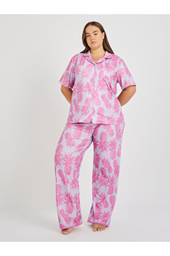 Styli Plus Size All-Over Pineapple Print Pompom Pocket Shirt and Pyjama Set