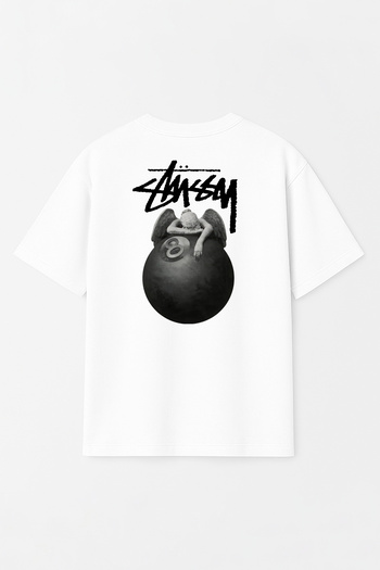 THE RULE Unisex Stüssy Angel Billiard Ball Printed Oversize 100% Cotton Wide Cut Crew Neck T-Shirt Rf0530