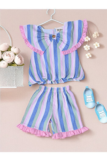 Bella Moda By Styli Striped Ruffled Detail Sleeveless Top and Shorts Set