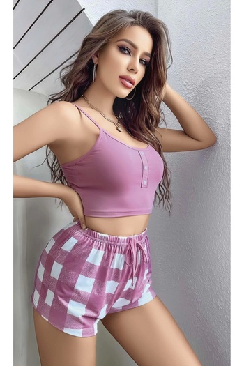 Budi Women's Pink Check Patterned Strap Shorts Pajamas Suit 5003