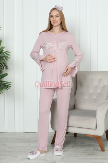 quilling 1170 2-Piece Maternity Pajama Set with Powder Color and Lace Detail