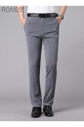 ROAISS Men's Fashion Casual Business Pants Summer High Elastic Grey Suit Pants
