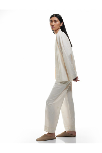 Koton Viscose-Cotton Blended Embroidered High Waist Straight Loose Leg Pants