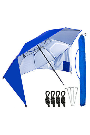 SERSIMO Umbrela plaja 3in1 215x205 cm, paravan lateral, fereastra si husa transport, material UV, albastru