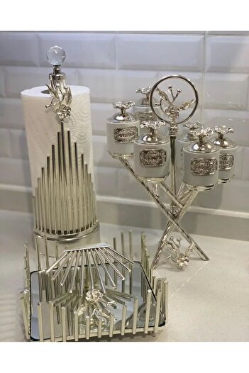 AZADE BAKIR Japanese Rose Silver Design 6 Spice Holder Rolu Napkin Holder and Napkin Holder Set of 3